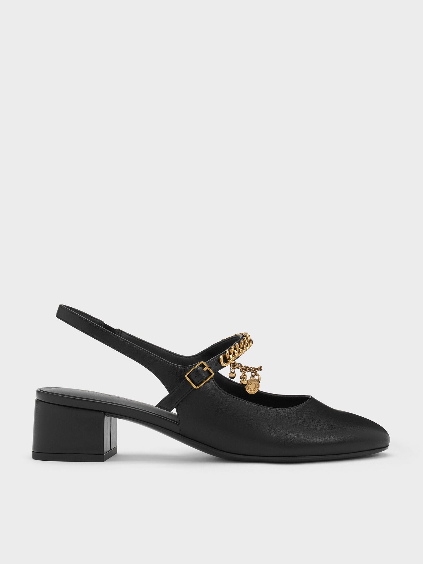 Double-Chain Charm Mary Jane Slingback Pumps - Black | CHARLES & KEITH