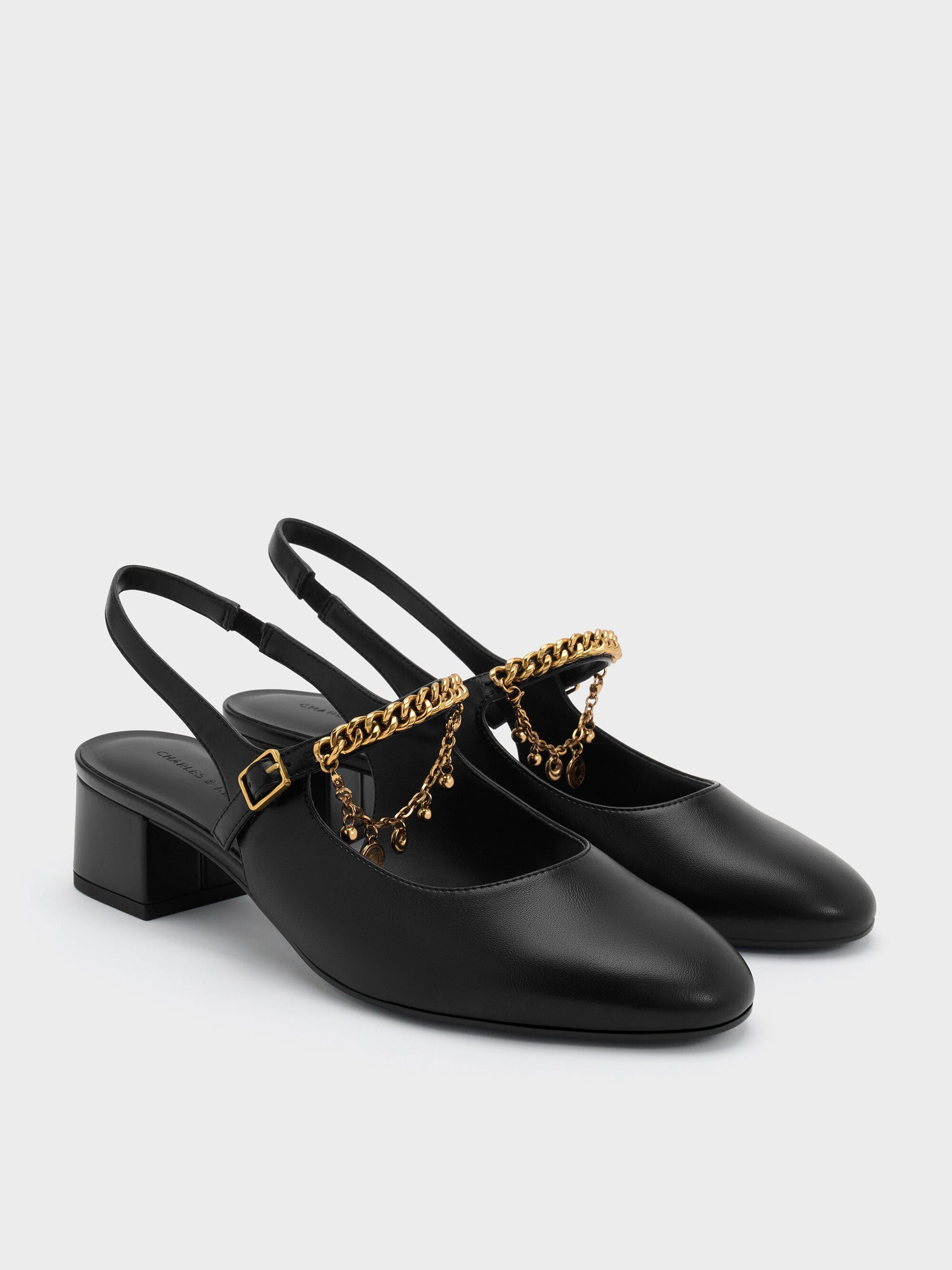 Double-Chain Charm Mary Jane Slingback Pumps - Black | CHARLES & KEITH