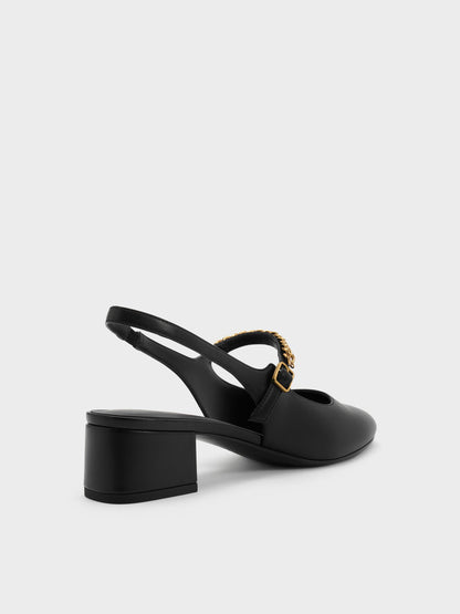 Double-Chain Charm Mary Jane Slingback Pumps - Black | CHARLES & KEITH