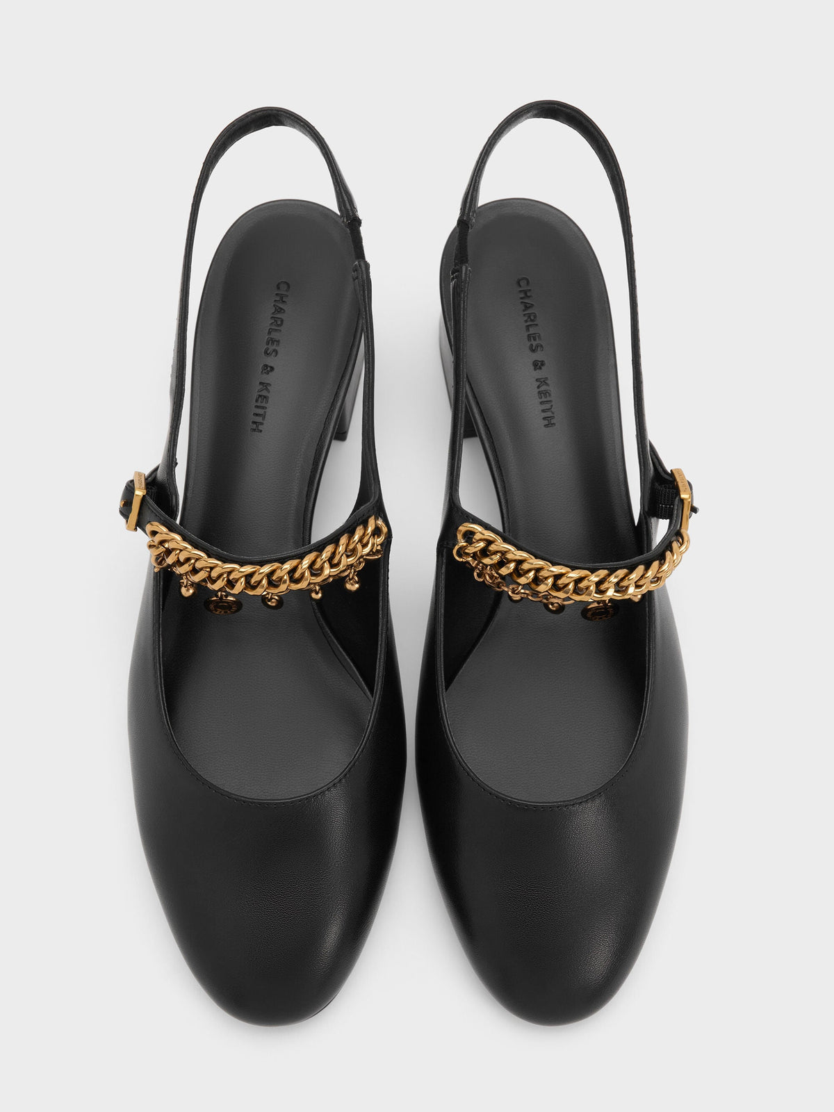 Double-Chain Charm Mary Jane Slingback Pumps - Black | CHARLES & KEITH