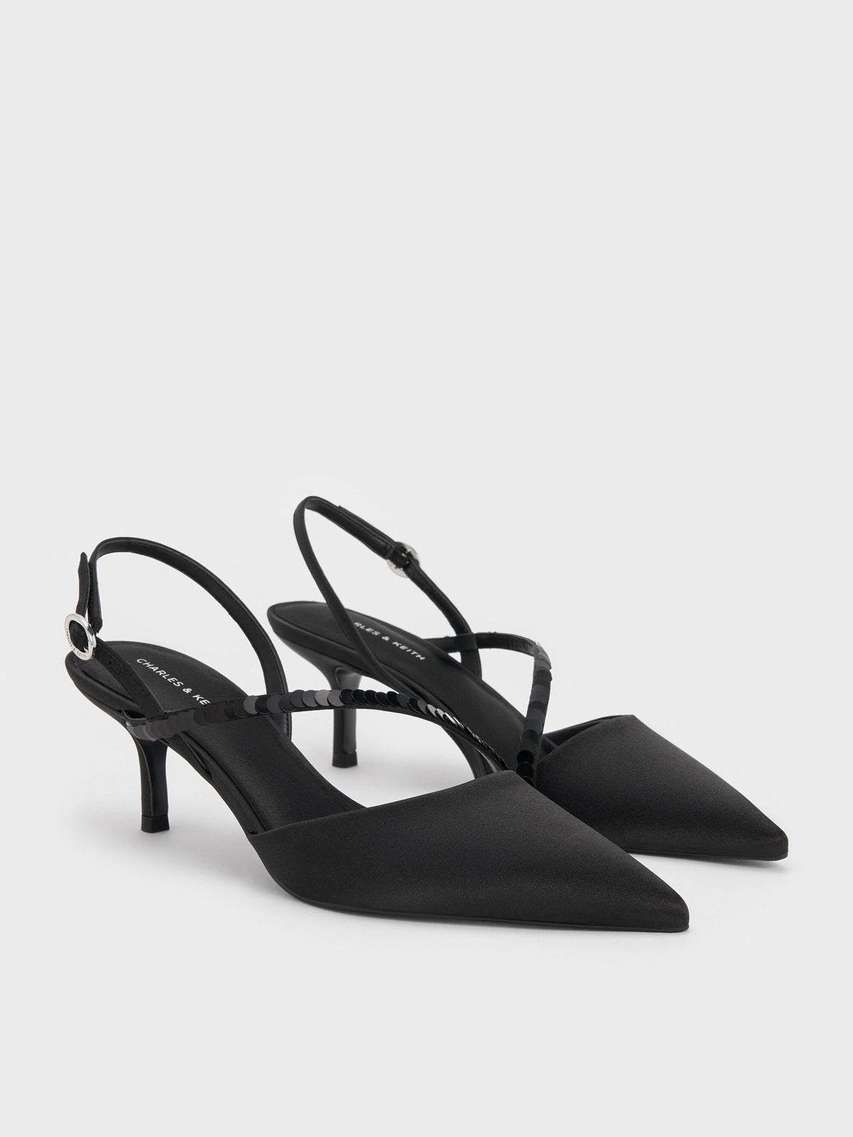 Briella Sequinned Slingback Pumps - Black Textured | CHARLES & KEITH