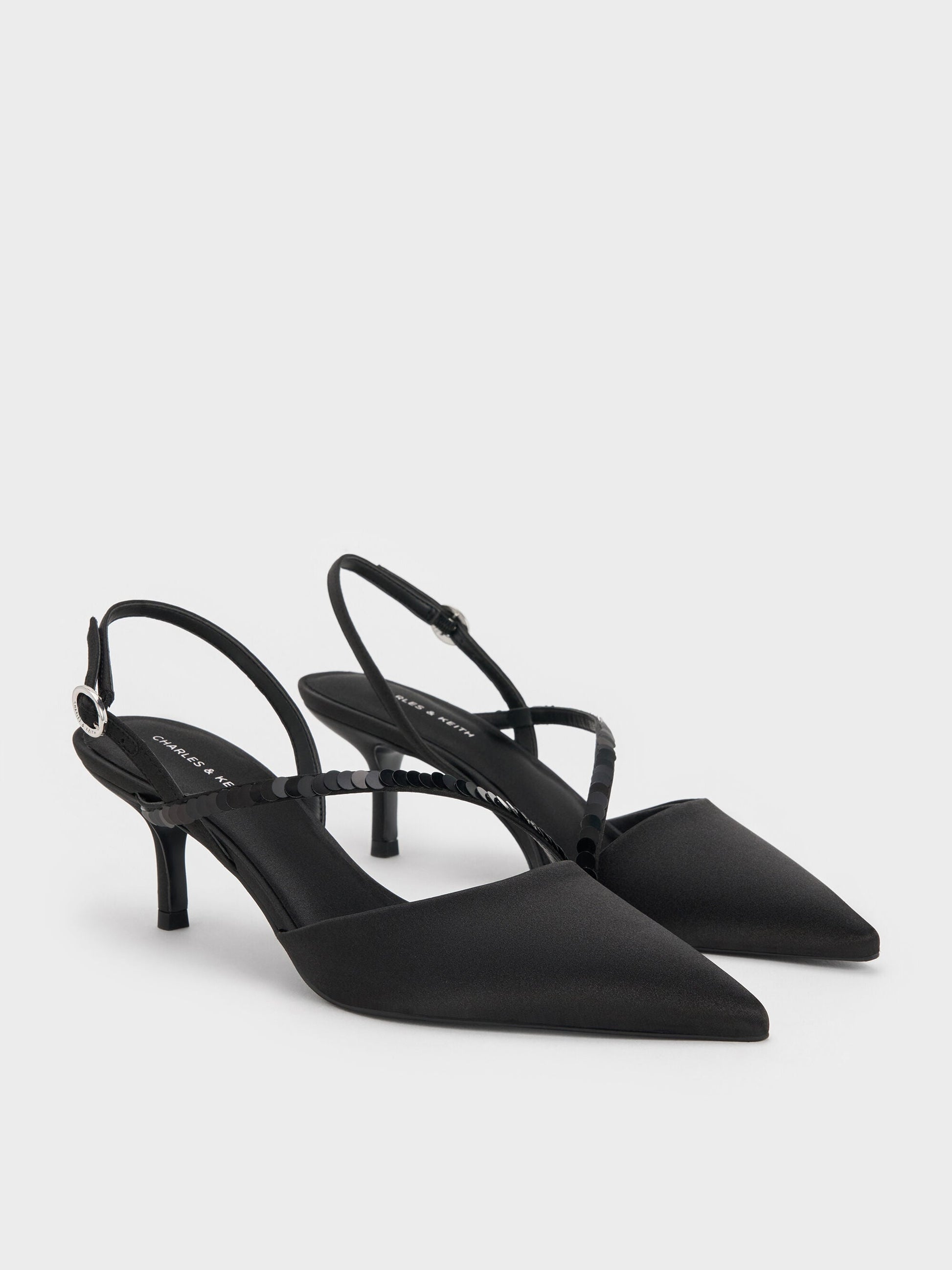 Briella Sequinned Slingback Pumps - Black Textured | CHARLES & KEITH