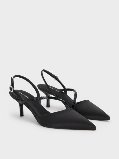 Briella Sequinned Slingback Pumps - Black Textured | CHARLES & KEITH