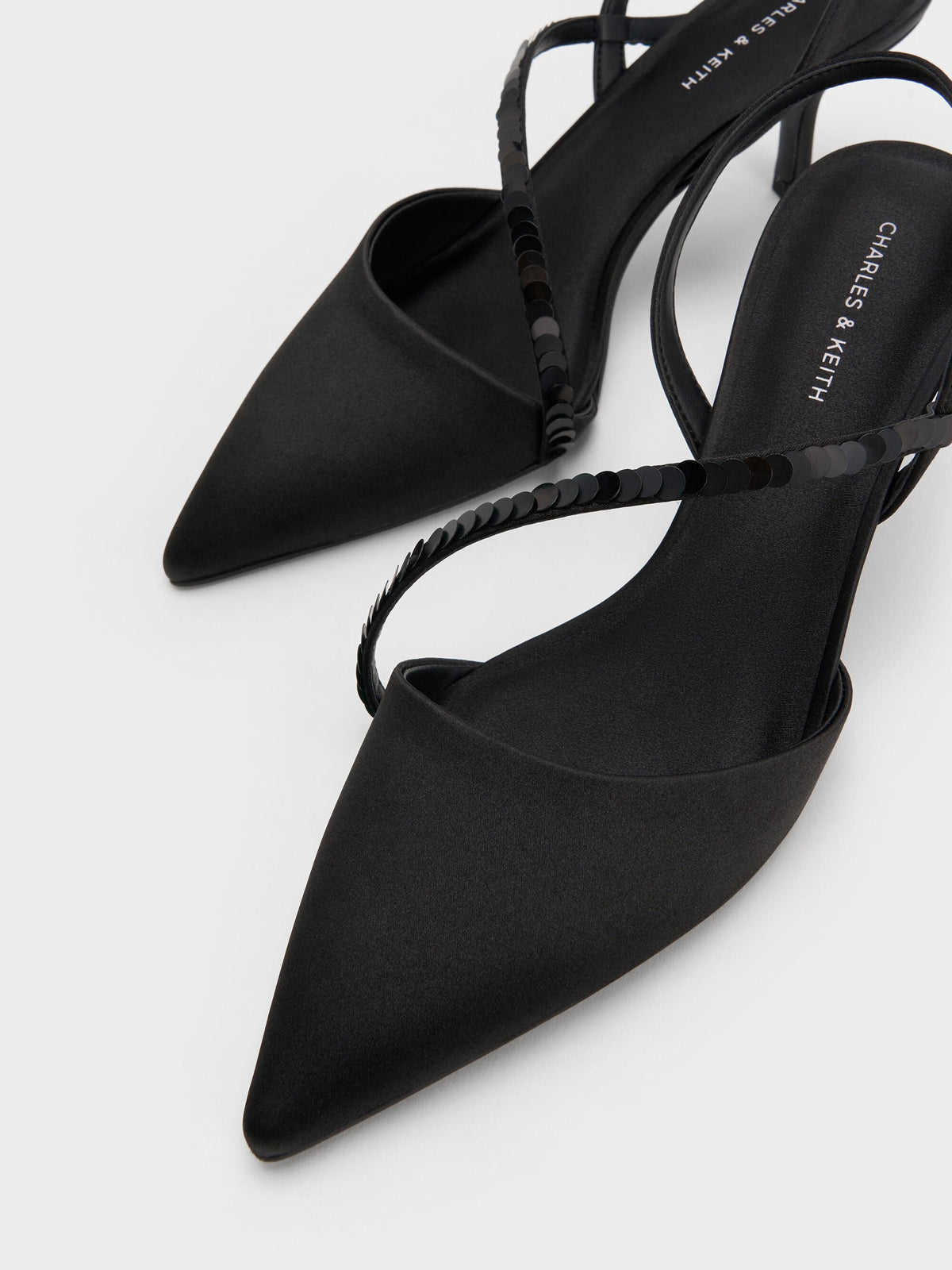 Briella Sequinned Slingback Pumps - Black Textured | CHARLES & KEITH