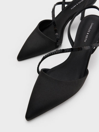 Briella Sequinned Slingback Pumps - Black Textured | CHARLES & KEITH