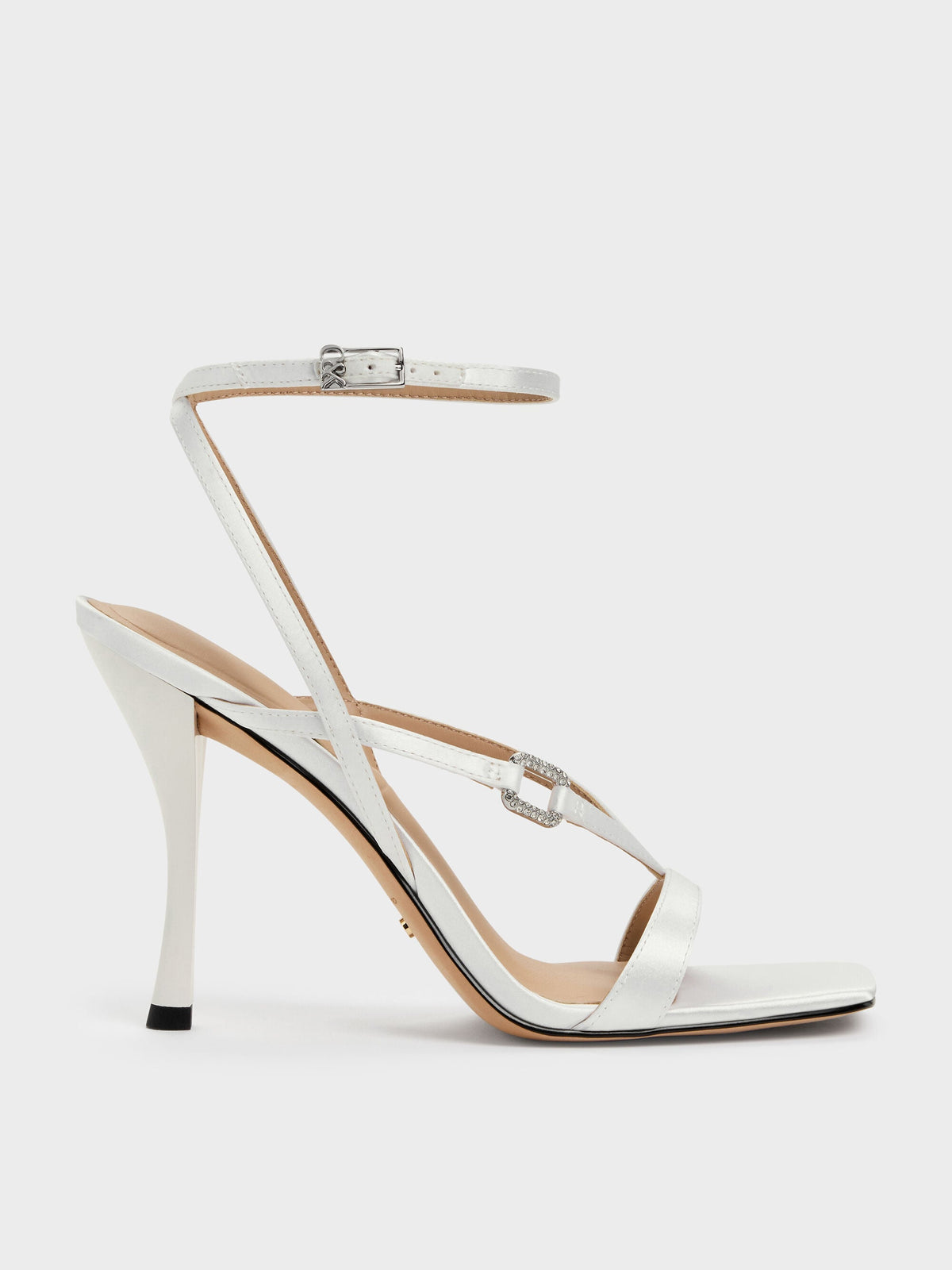 Crystal-Buckle Ankle-Strap Heels - White | CHARLES & KEITH