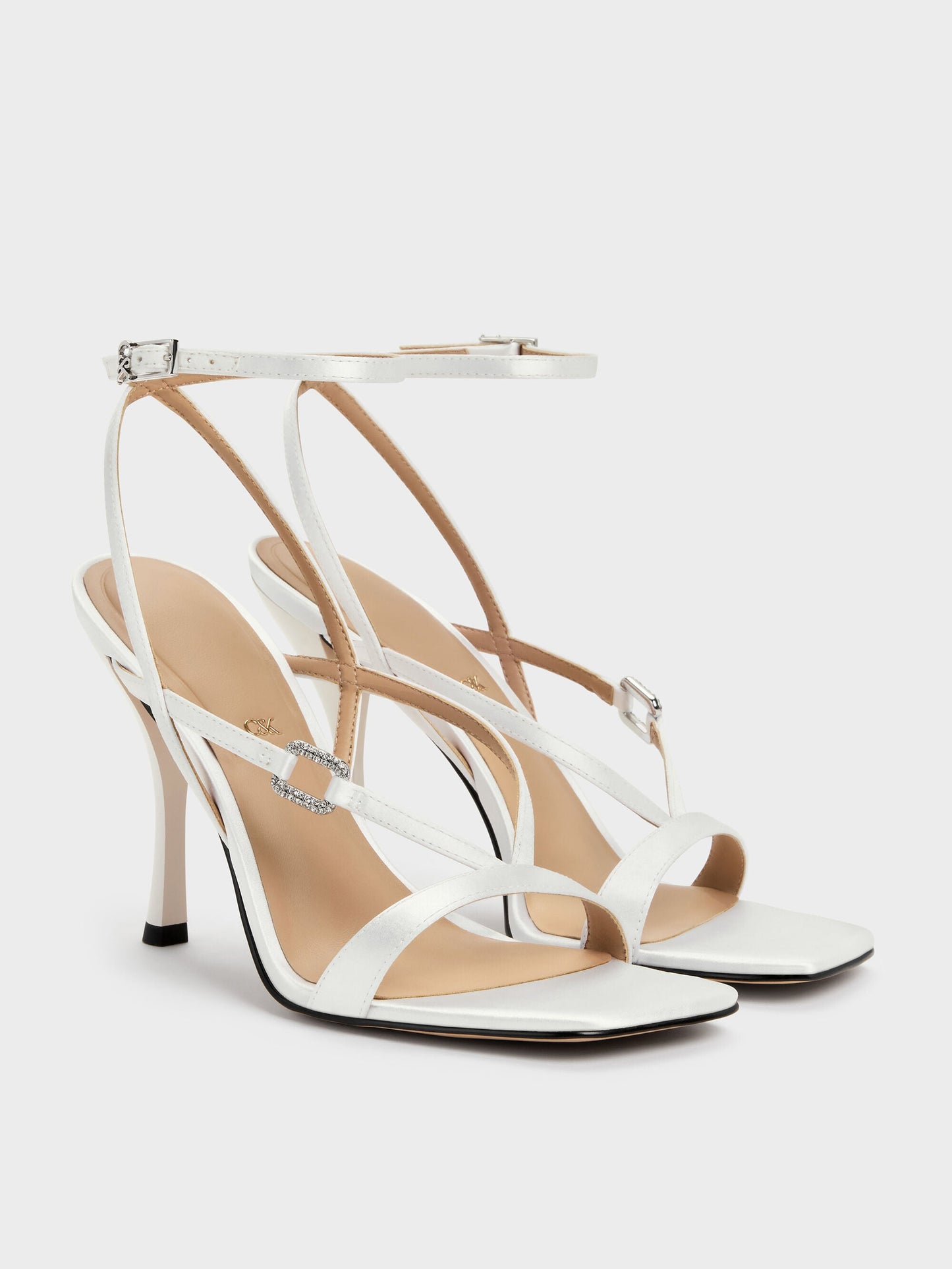 Crystal-Buckle Ankle-Strap Heels - White | CHARLES & KEITH