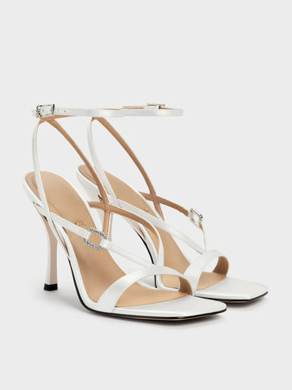 Crystal-Buckle Ankle-Strap Heels - White | CHARLES & KEITH