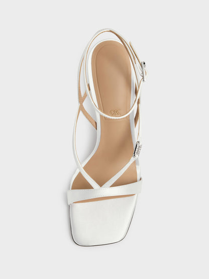Crystal-Buckle Ankle-Strap Heels - White | CHARLES & KEITH