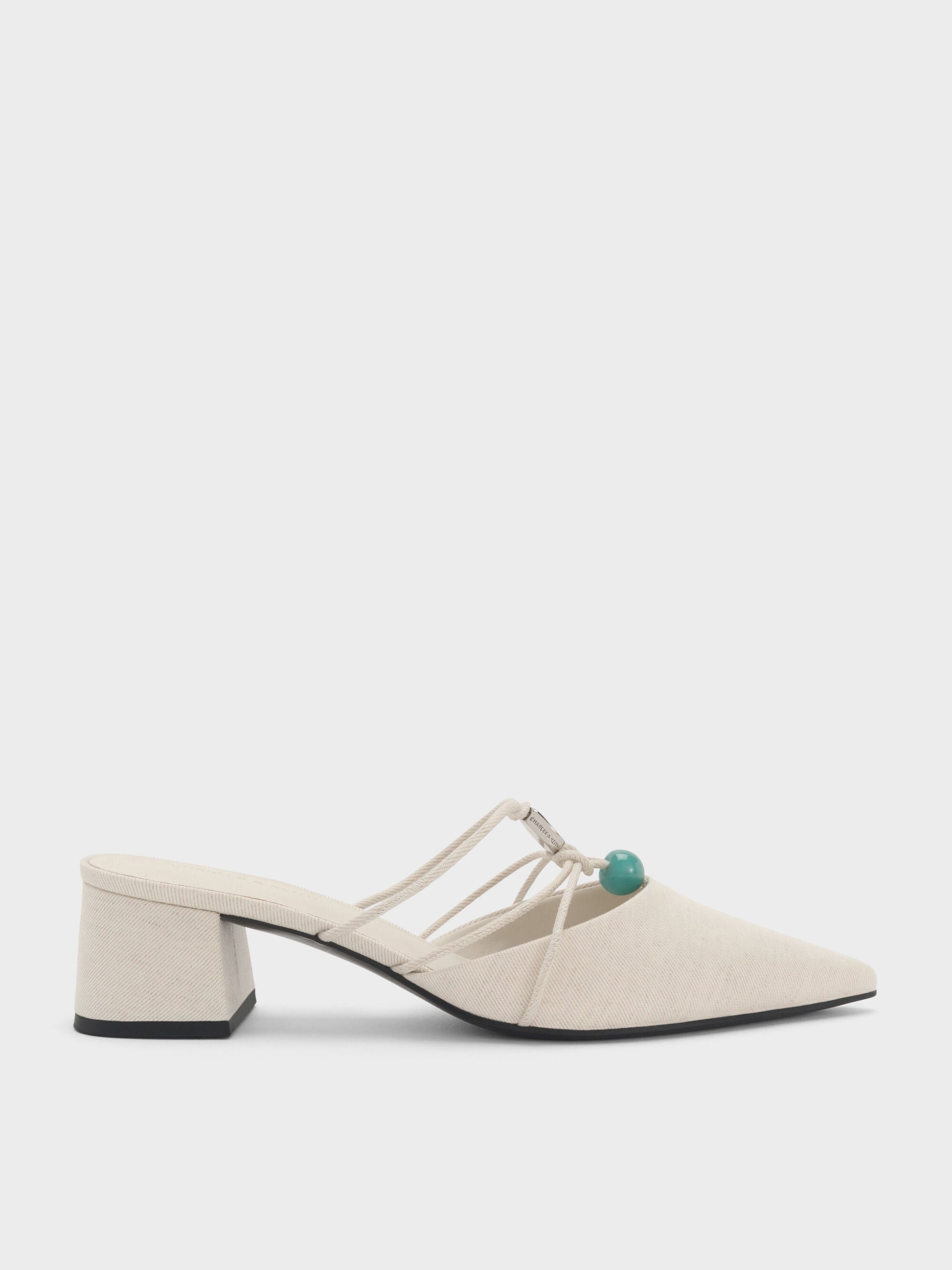 Georgie Linen Bead Pointed Mules - Chalk | CHARLES & KEITH