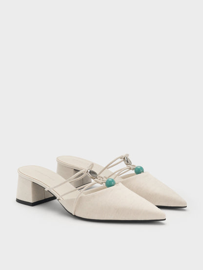 Georgie Linen Bead Pointed Mules - Chalk | CHARLES & KEITH