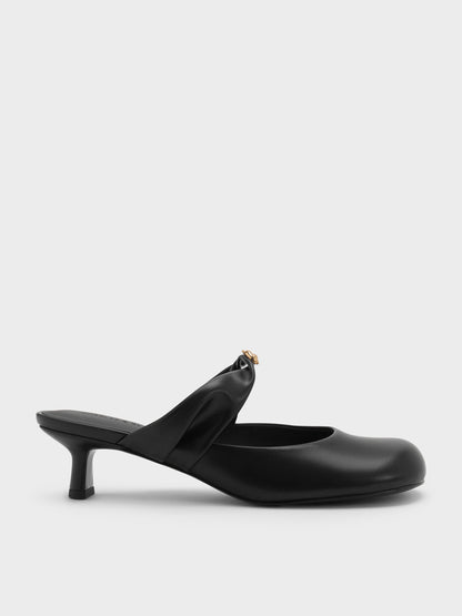 Metallic-Accent Twisted-Strap Heeled Mules - Black | CHARLES & KEITH