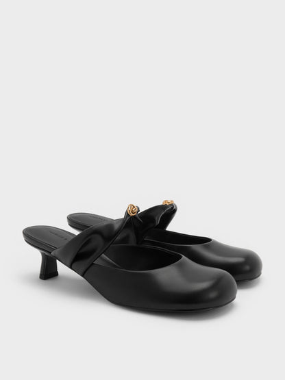 Metallic-Accent Twisted-Strap Heeled Mules - Black | CHARLES & KEITH
