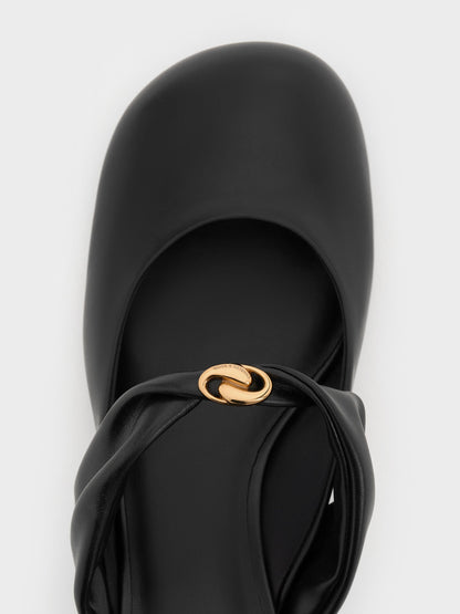 Metallic-Accent Twisted-Strap Heeled Mules - Black | CHARLES & KEITH