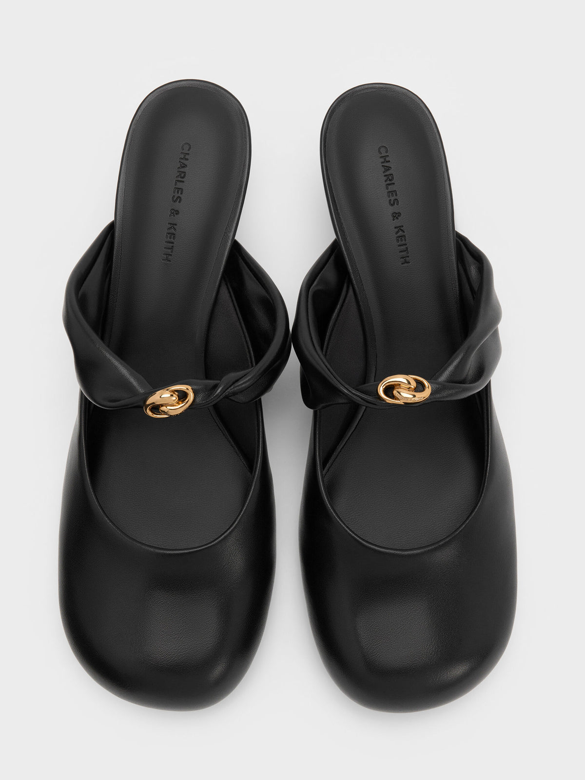 Metallic-Accent Twisted-Strap Heeled Mules - Black | CHARLES & KEITH