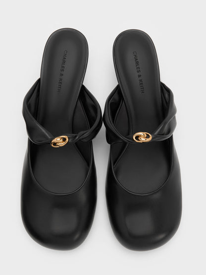 Metallic-Accent Twisted-Strap Heeled Mules - Black | CHARLES & KEITH
