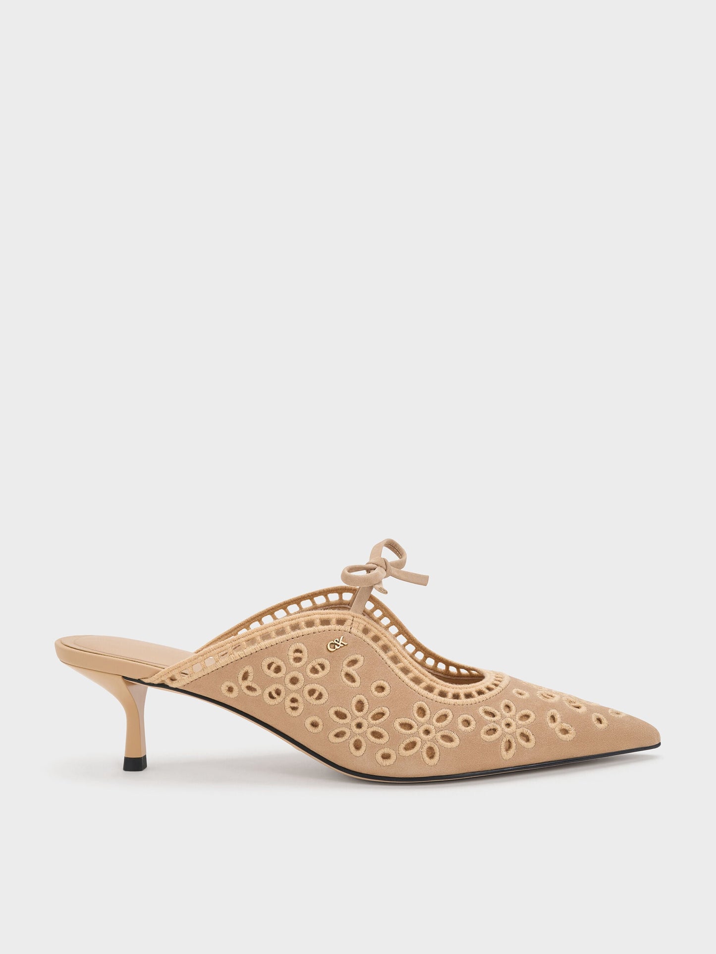 Leather Embroidered Heeled Mules - Beige | CHARLES & KEITH