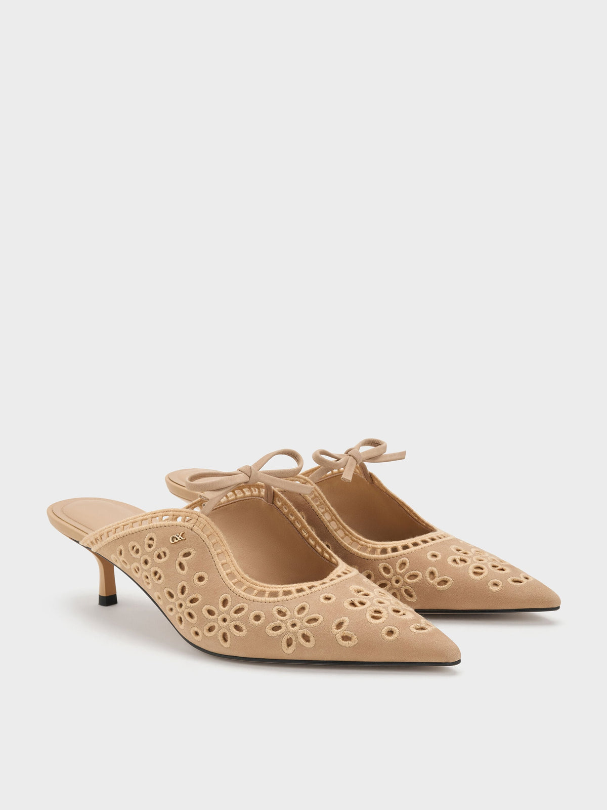 Leather Embroidered Heeled Mules - Beige | CHARLES & KEITH