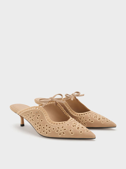Leather Embroidered Heeled Mules - Beige | CHARLES & KEITH