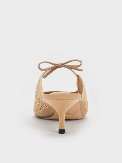 Leather Embroidered Heeled Mules - Beige | CHARLES & KEITH
