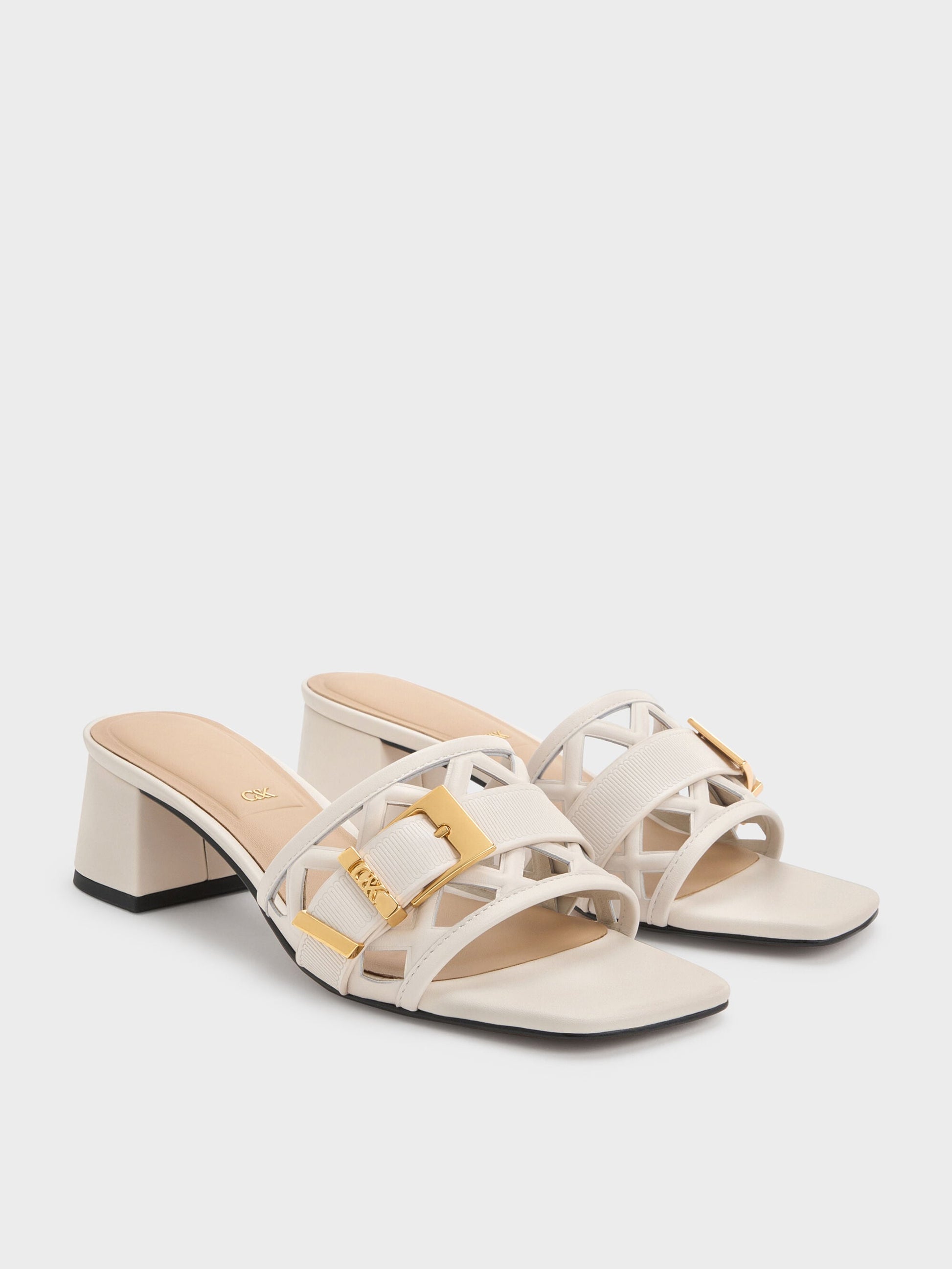Whitney Leather Cut-Out Heeled Mules - Chalk | CHARLES & KEITH
