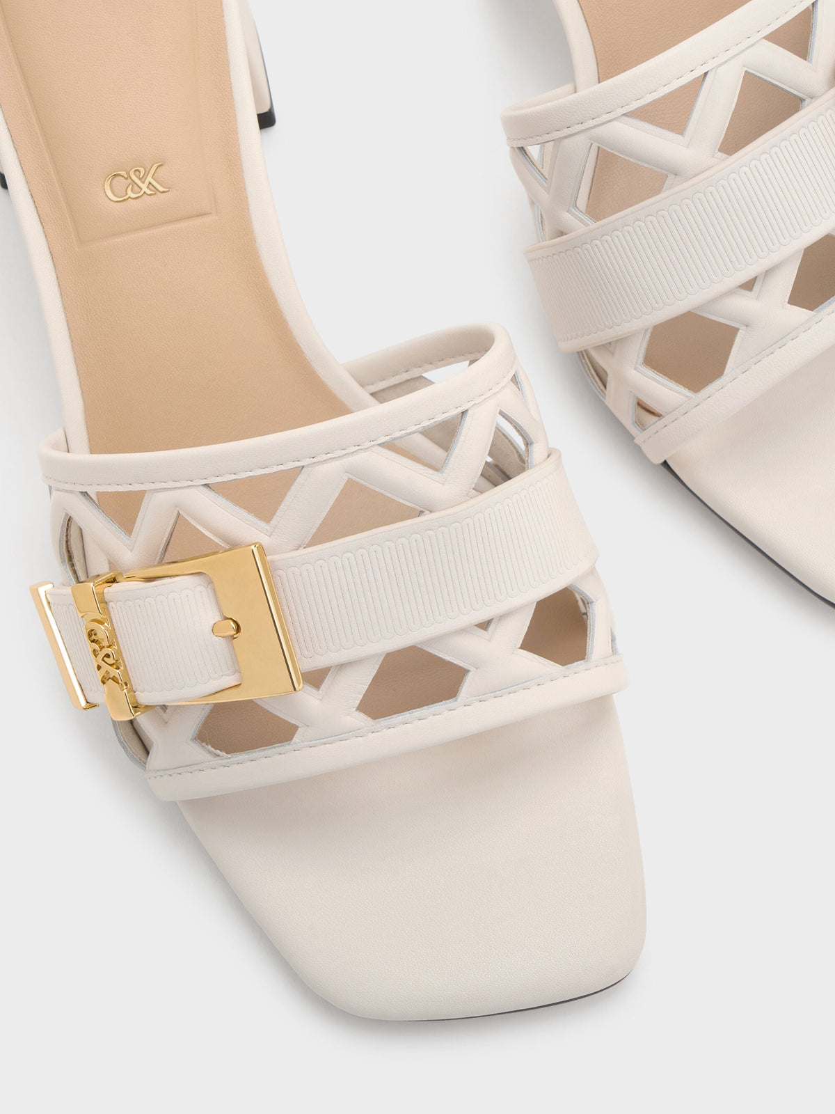 Whitney Leather Cut-Out Heeled Mules - Chalk | CHARLES & KEITH