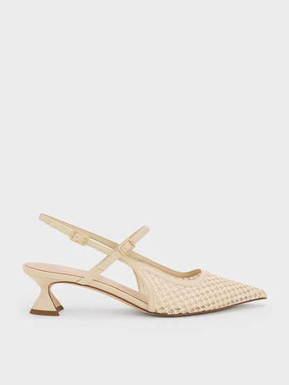 Raffia Sculptural-Heel Slingback Pumps - Beige | CHARLES & KEITH