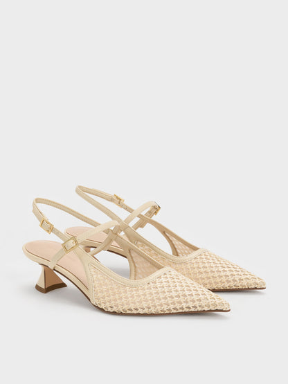 Raffia Sculptural-Heel Slingback Pumps - Beige | CHARLES & KEITH