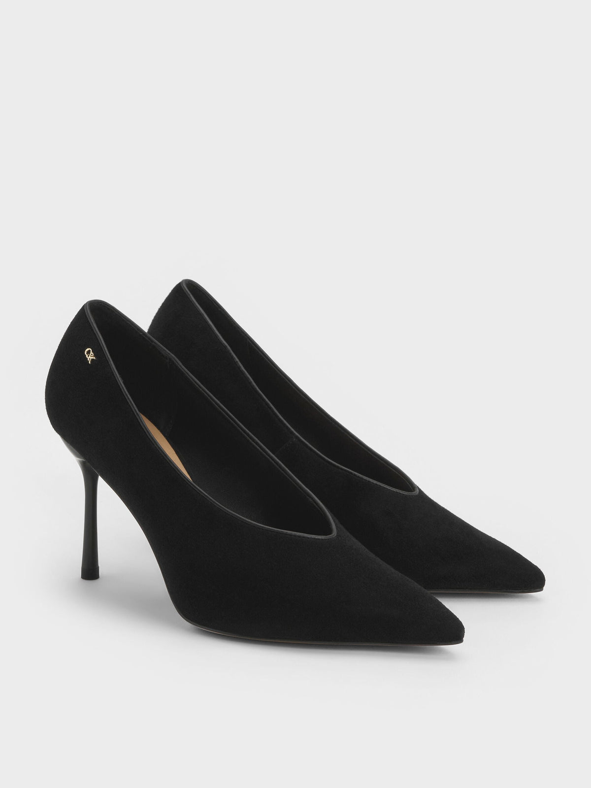 Leather & Suede Pointed Pumps - Black Textured | CHARLES & KEITH