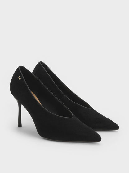 Leather & Suede Pointed Pumps - Black Textured | CHARLES & KEITH