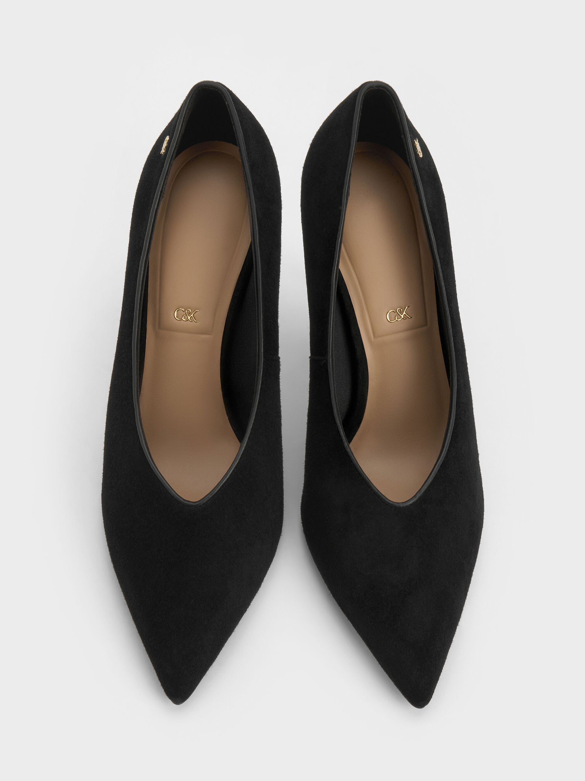 Leather & Suede Pointed Pumps - Black Textured | CHARLES & KEITH