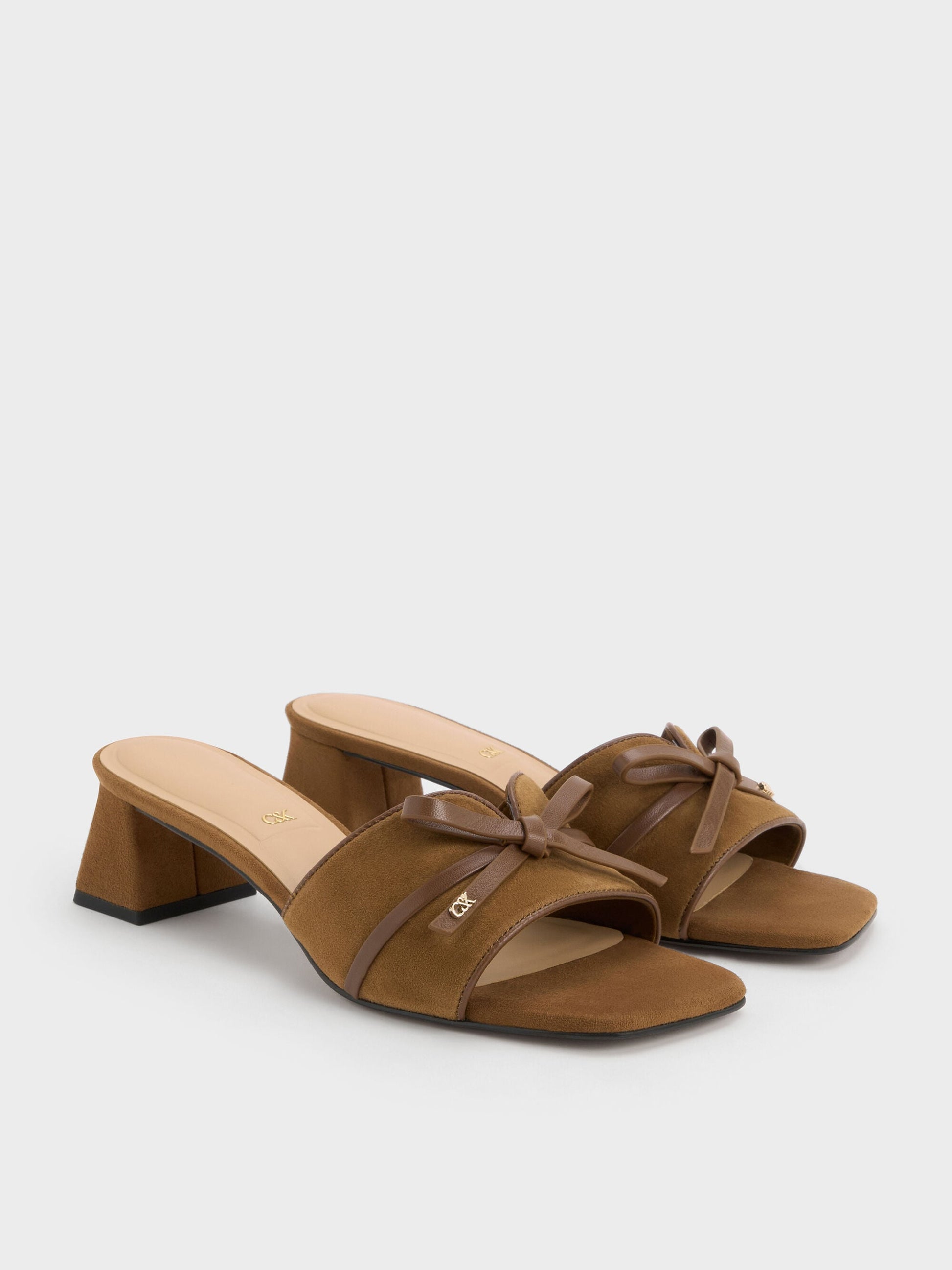 Leather & Suede Bow Heeled Mules - Brown | CHARLES & KEITH
