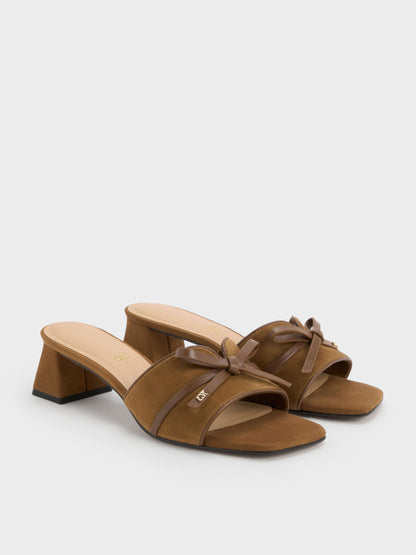 Leather & Suede Bow Heeled Mules - Brown | CHARLES & KEITH