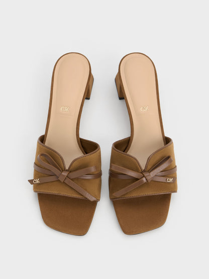 Leather & Suede Bow Heeled Mules - Brown | CHARLES & KEITH