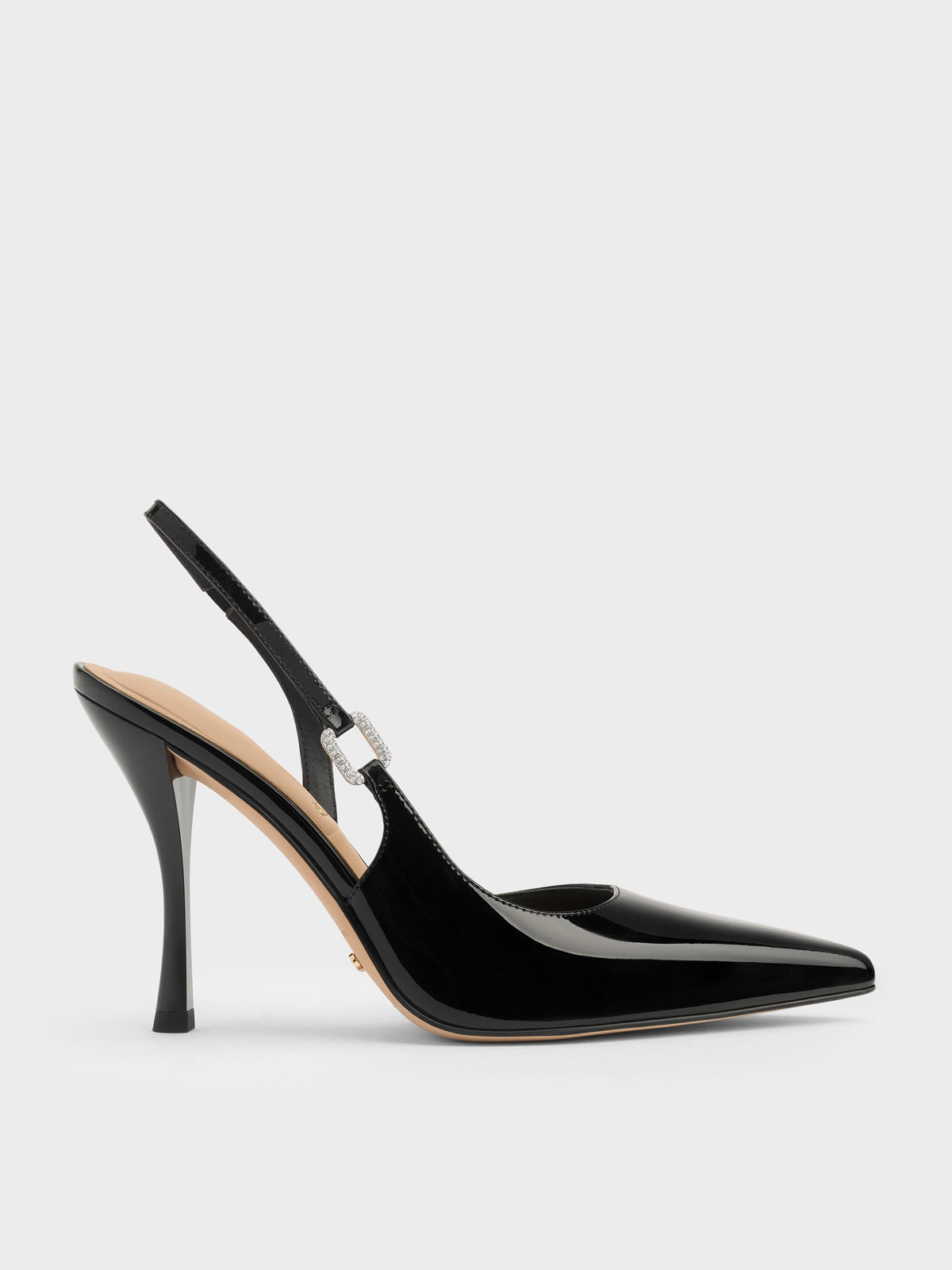 Patent Leather Crystal-Buckle Slingback Pumps - Black Patent | CHARLES & KEITH