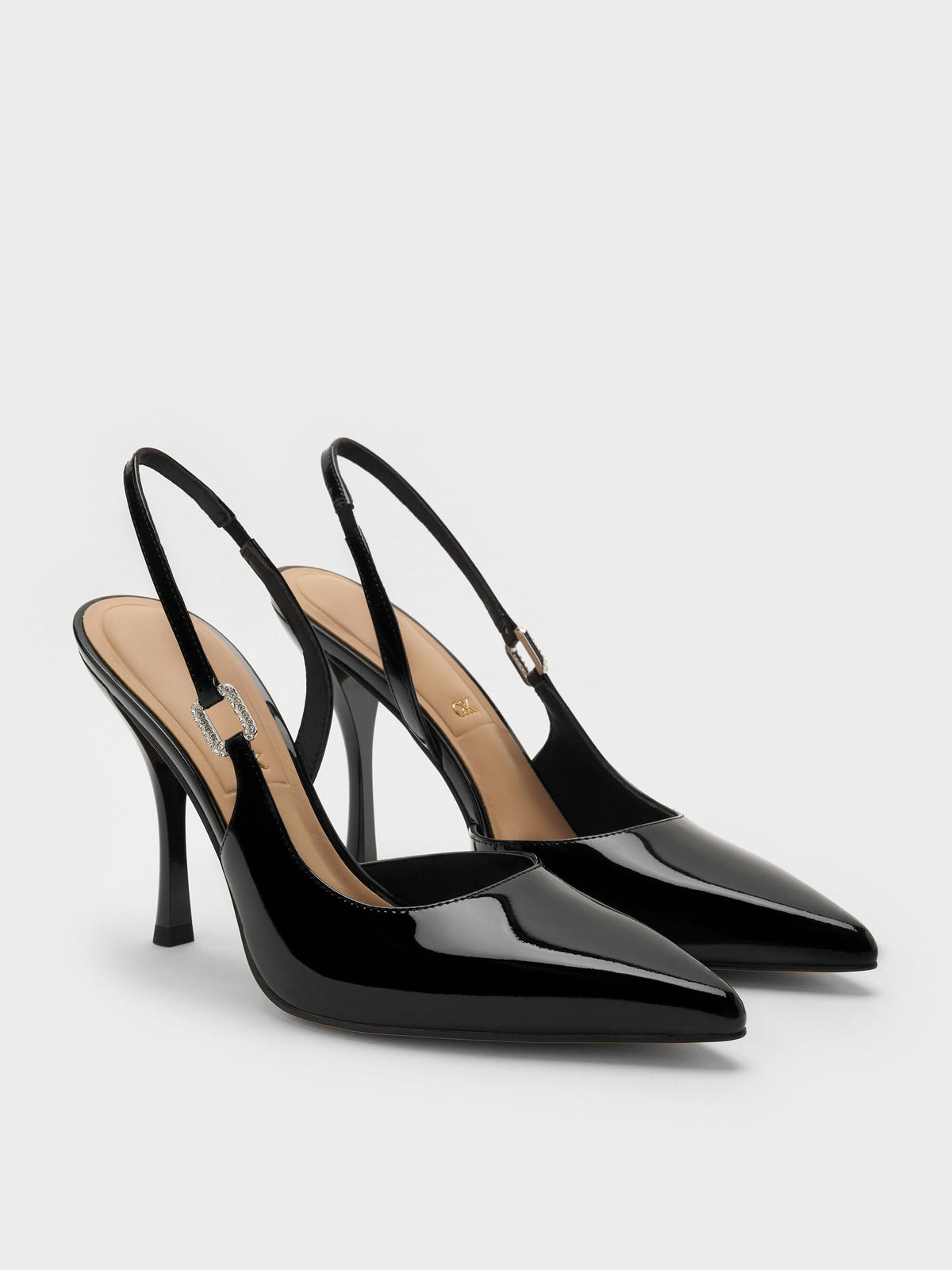 Patent Leather Crystal-Buckle Slingback Pumps - Black Patent | CHARLES & KEITH