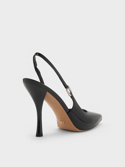 Patent Leather Crystal-Buckle Slingback Pumps - Black Patent | CHARLES & KEITH