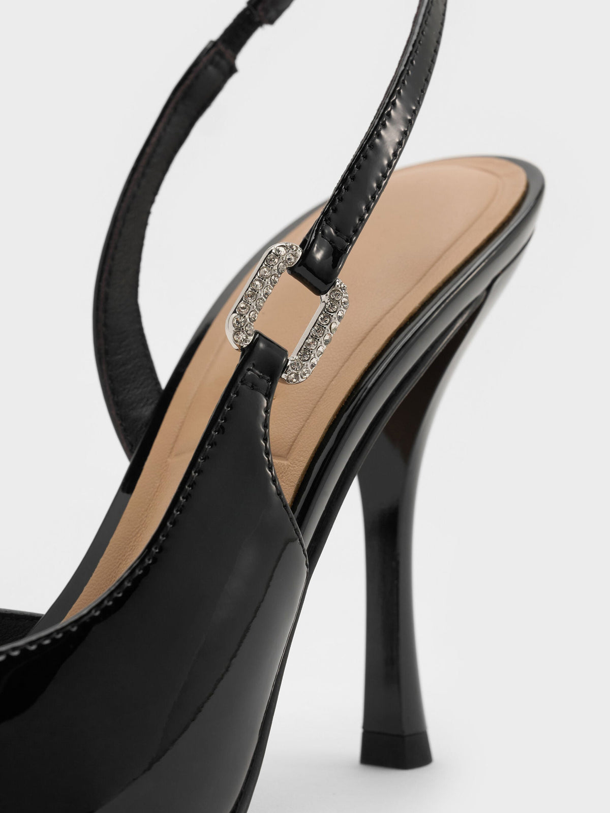 Patent Leather Crystal-Buckle Slingback Pumps - Black Patent | CHARLES & KEITH