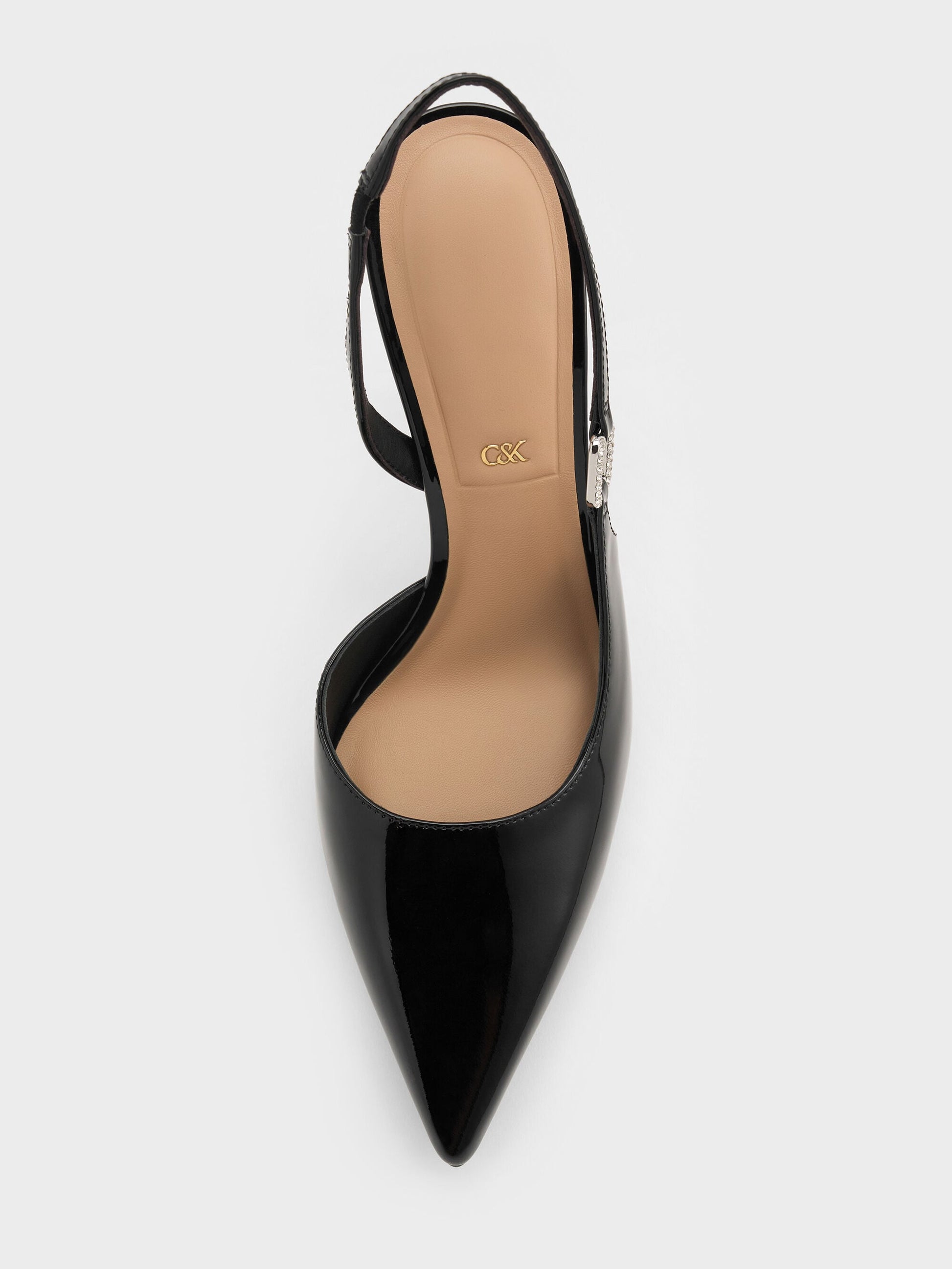 Patent Leather Crystal-Buckle Slingback Pumps - Black Patent | CHARLES & KEITH