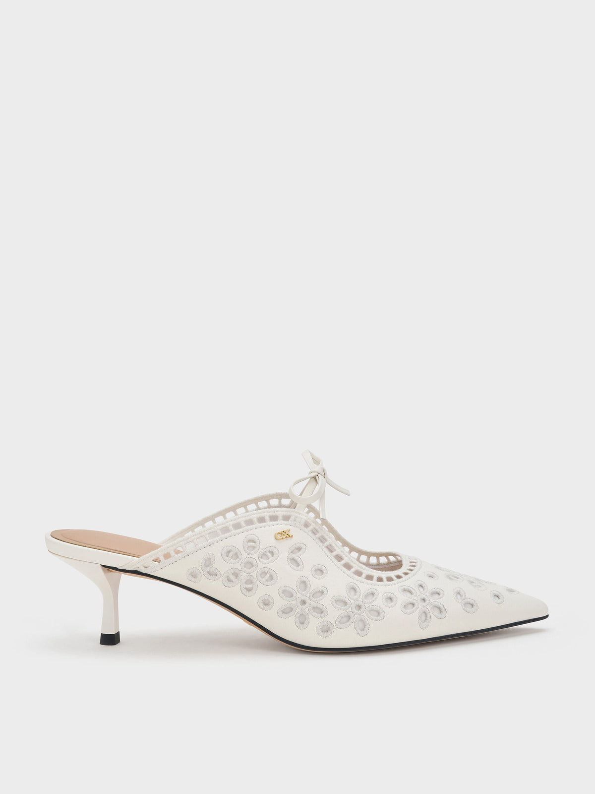 Leather Embroidered Heeled Mules - White | CHARLES & KEITH