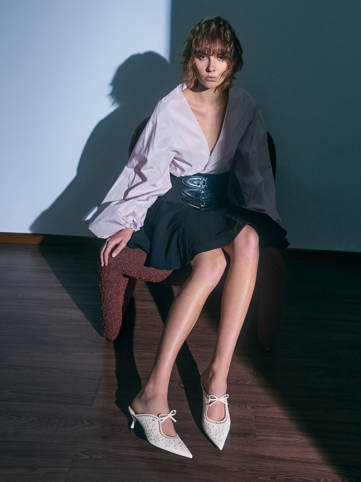 Leather Embroidered Heeled Mules - White | CHARLES & KEITH
