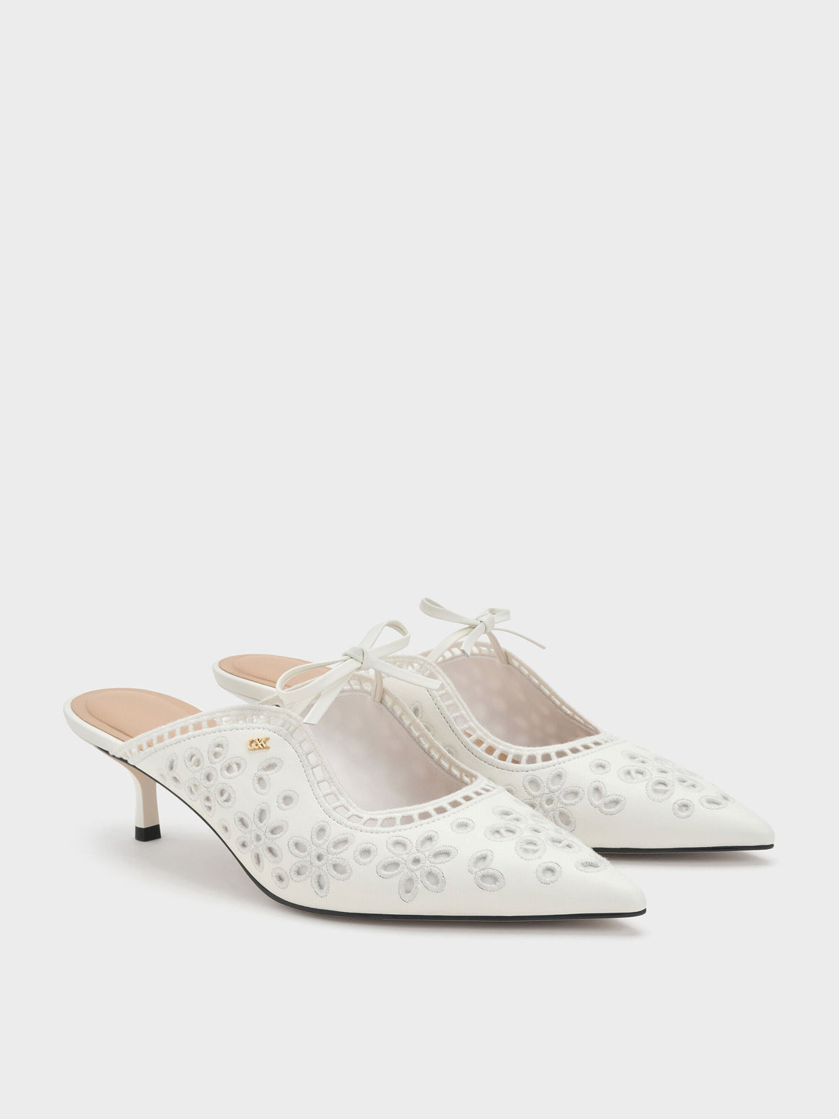 Leather Embroidered Heeled Mules - White | CHARLES & KEITH