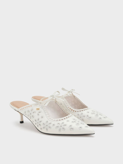 Leather Embroidered Heeled Mules - White | CHARLES & KEITH
