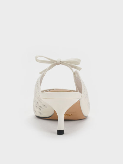 Leather Embroidered Heeled Mules - White | CHARLES & KEITH