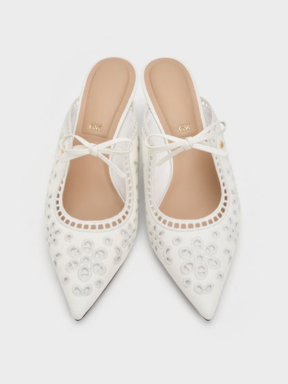 Leather Embroidered Heeled Mules - White | CHARLES & KEITH