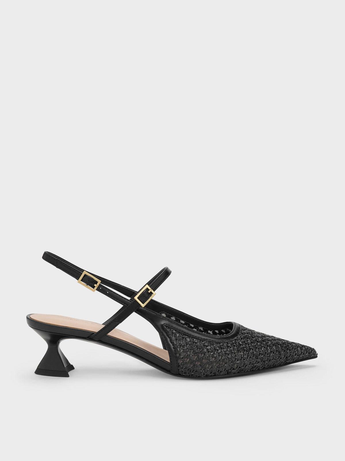Raffia Sculptural-Heel Slingback Pumps - Black Textured | CHARLES & KEITH
