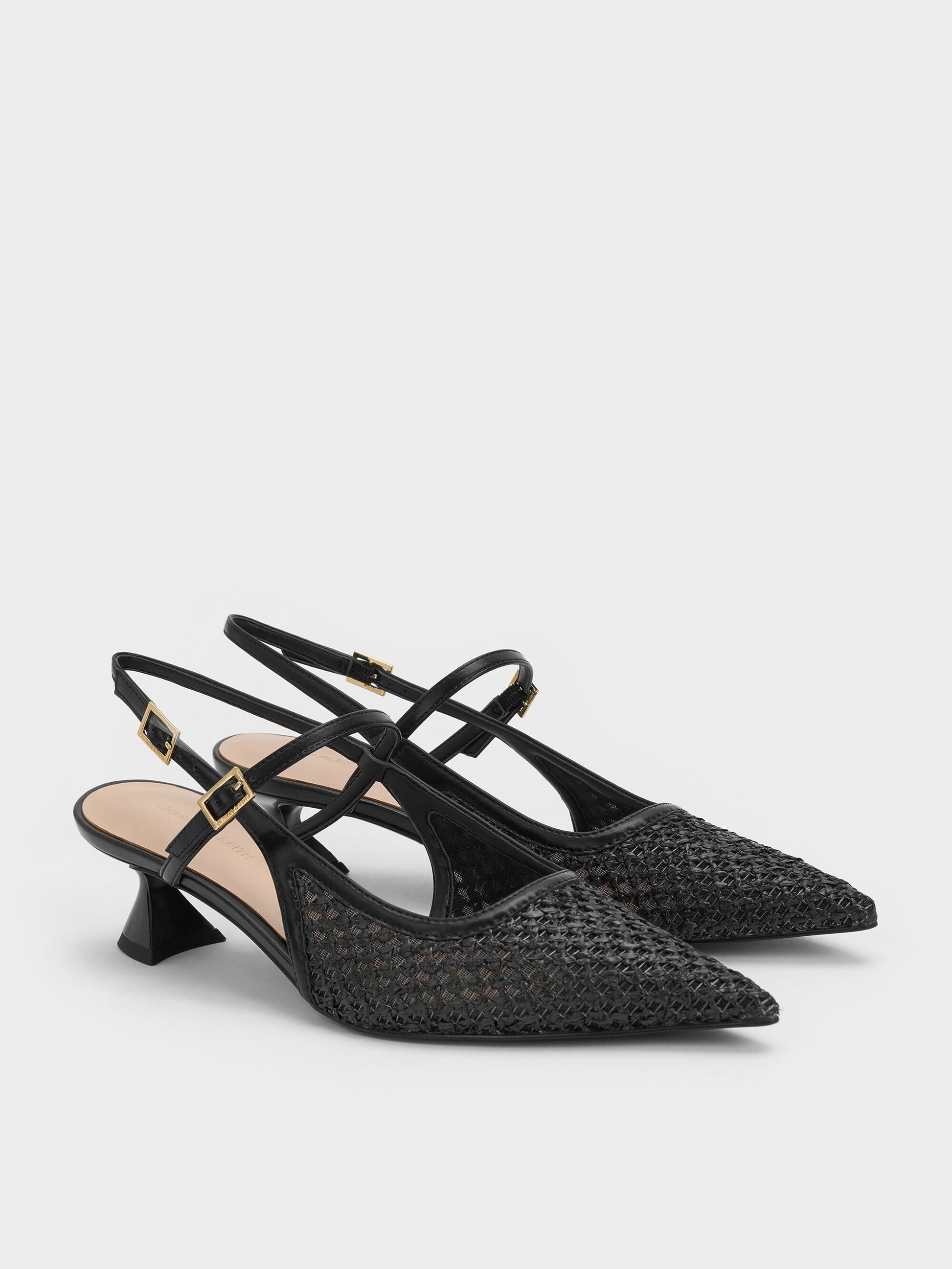 Raffia Sculptural-Heel Slingback Pumps - Black Textured | CHARLES & KEITH