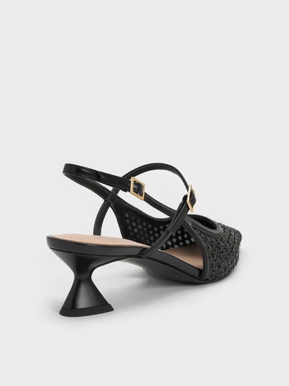 Raffia Sculptural-Heel Slingback Pumps - Black Textured | CHARLES & KEITH