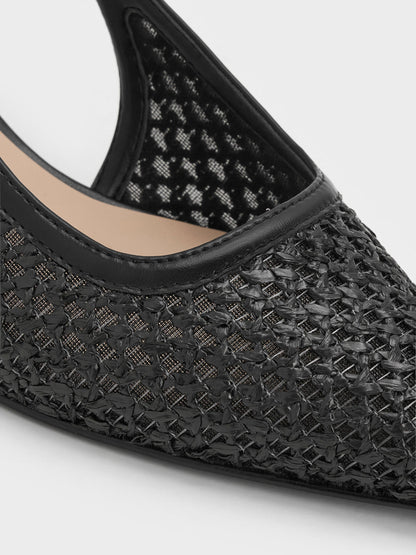 Raffia Sculptural-Heel Slingback Pumps - Black Textured | CHARLES & KEITH