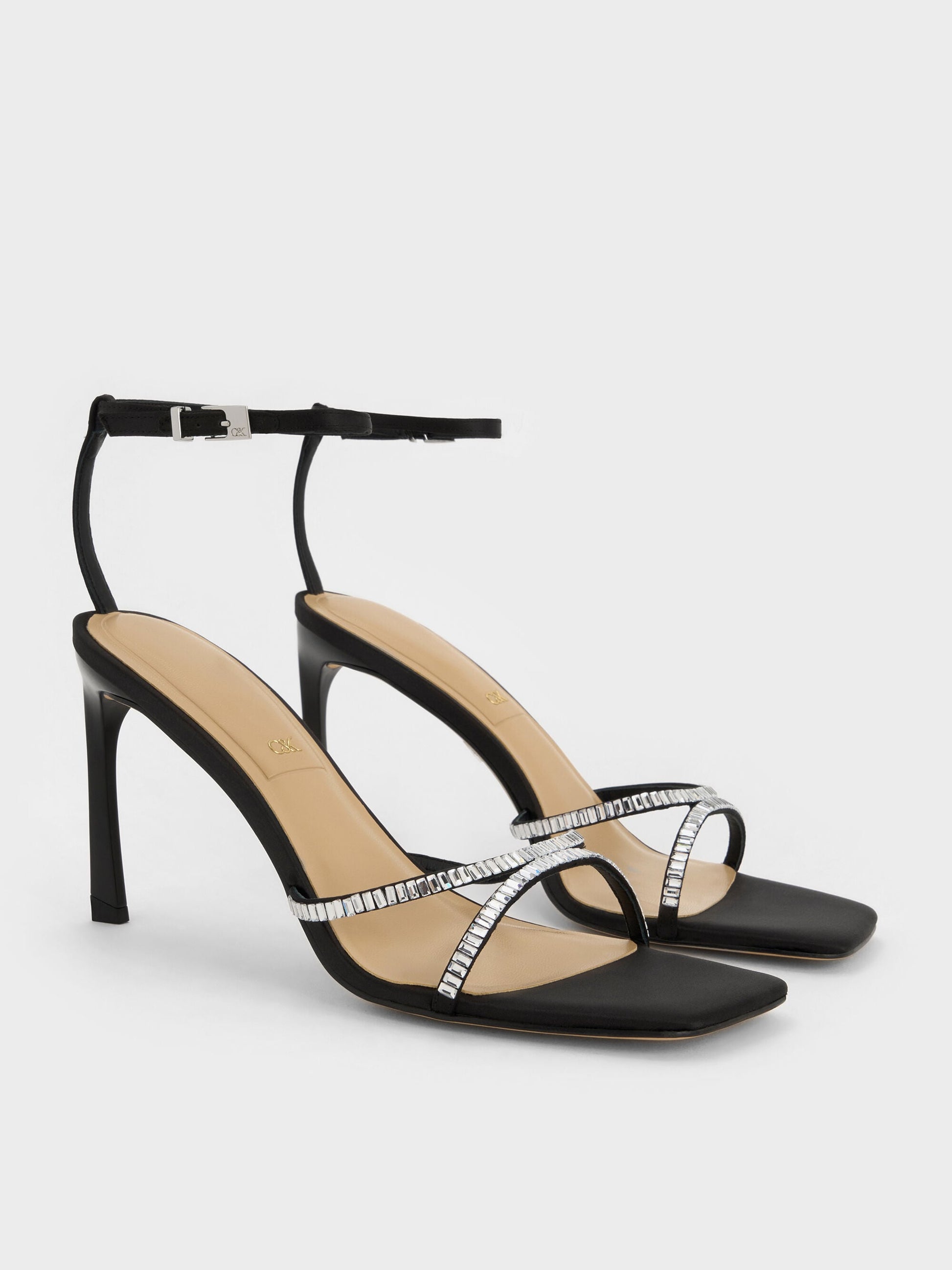 Jaylene Gem Stiletto Sandals - Black Textured | CHARLES & KEITH